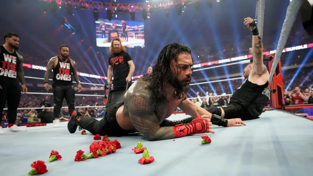 Sami Zayn hits Roman Reigns with a steel chair at the Royal Rumble in 2023, setting himself free from the tyrannical control of The Bloodline.